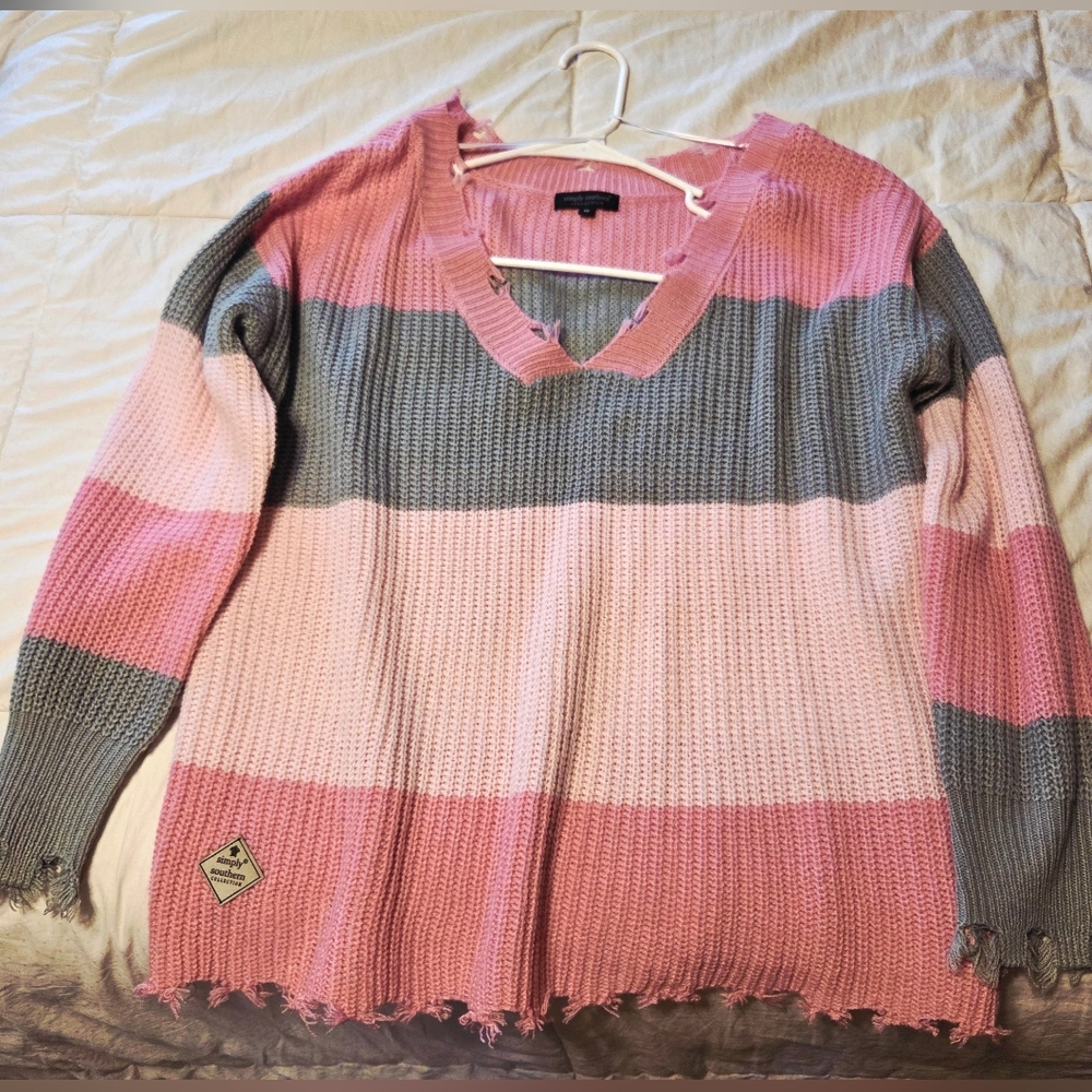 Simply Southern Pink and Gray V-Neck Sweater